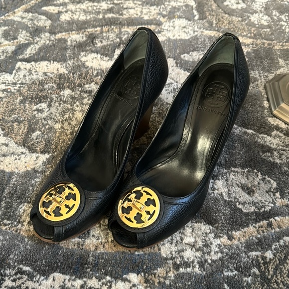 Tory Burch Shoes - Tory Burch Open Toe Black Pebbled Leather Wedge 8